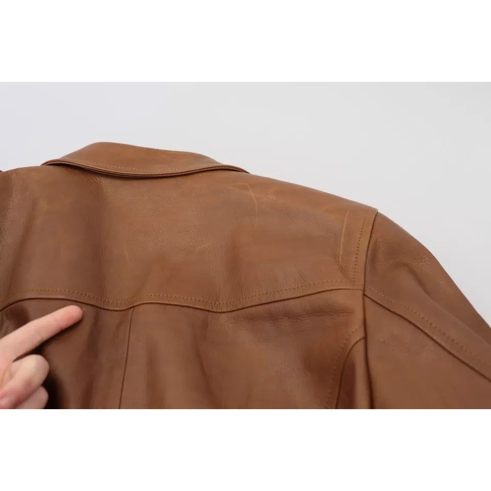 Dolce & Gabbana Brown Calfskin Button Down Blouson Jacket brown-calfskin-button-down-blouson-jacket