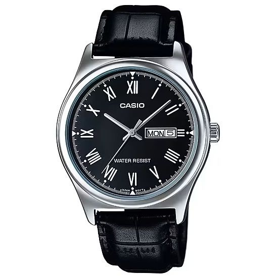 CASIO COLLECTION Mod. DAY DATE, ROMAN INDEXES. LEATHER - BLACK