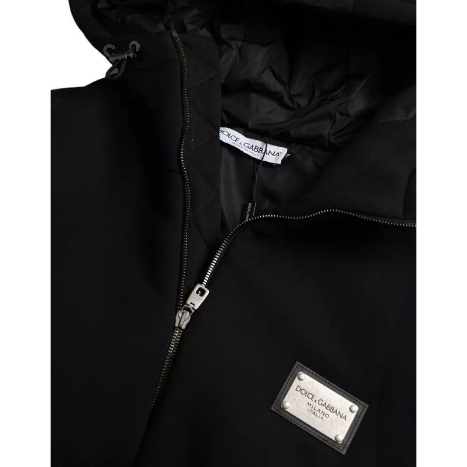 Black Cotton Hooded Logo Bomber Jacket