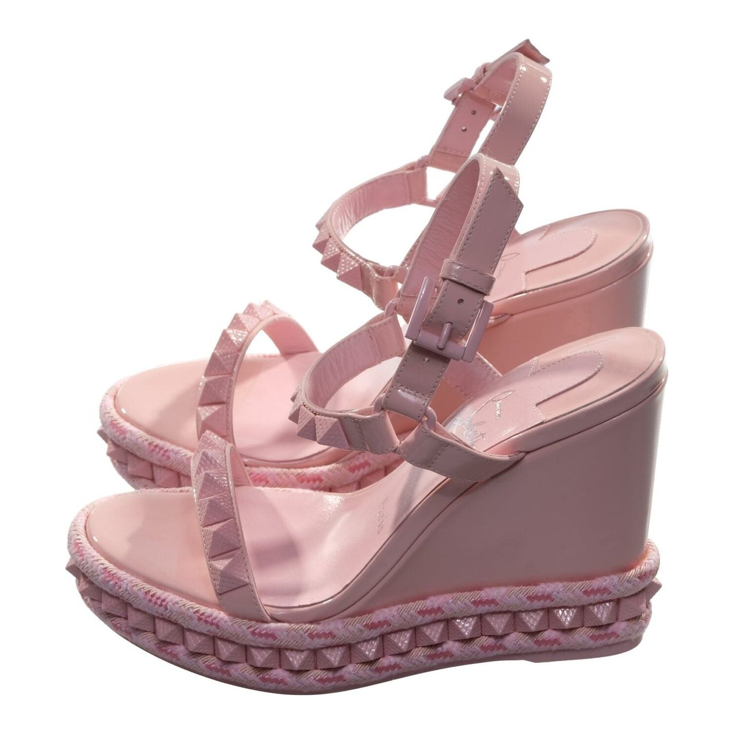 Christian Louboutin Pyraclou 100 Rosy Pink Studded Patent Leather High Heel Wedge Sandals pyraclou-100-rosy-pink-studded-patent-leather-high-heel-wedge-sandals