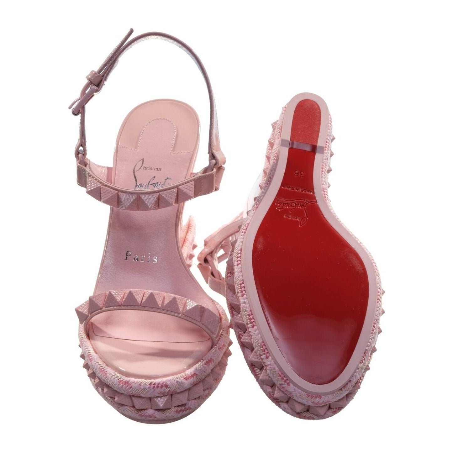 Christian Louboutin Pyraclou 100 Rosy Pink Studded Patent Leather High Heel Wedge Sandals pyraclou-100-rosy-pink-studded-patent-leather-high-heel-wedge-sandals