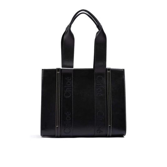 Chloé Black Woody Embroidered Logo Leather Medium Tote Bag