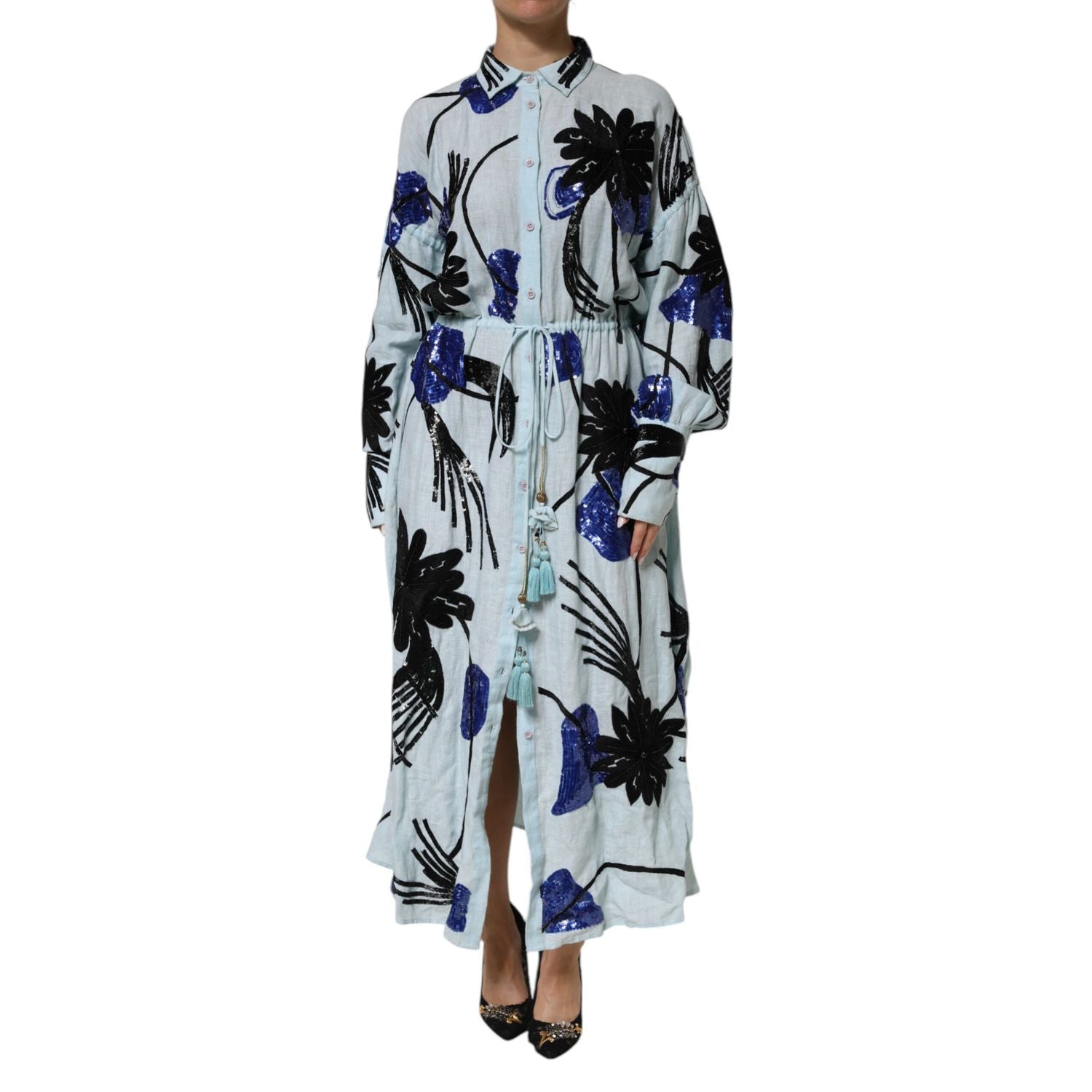 Christian Pellizzari Blue Sequin Embellished Shirt Maxi Dress