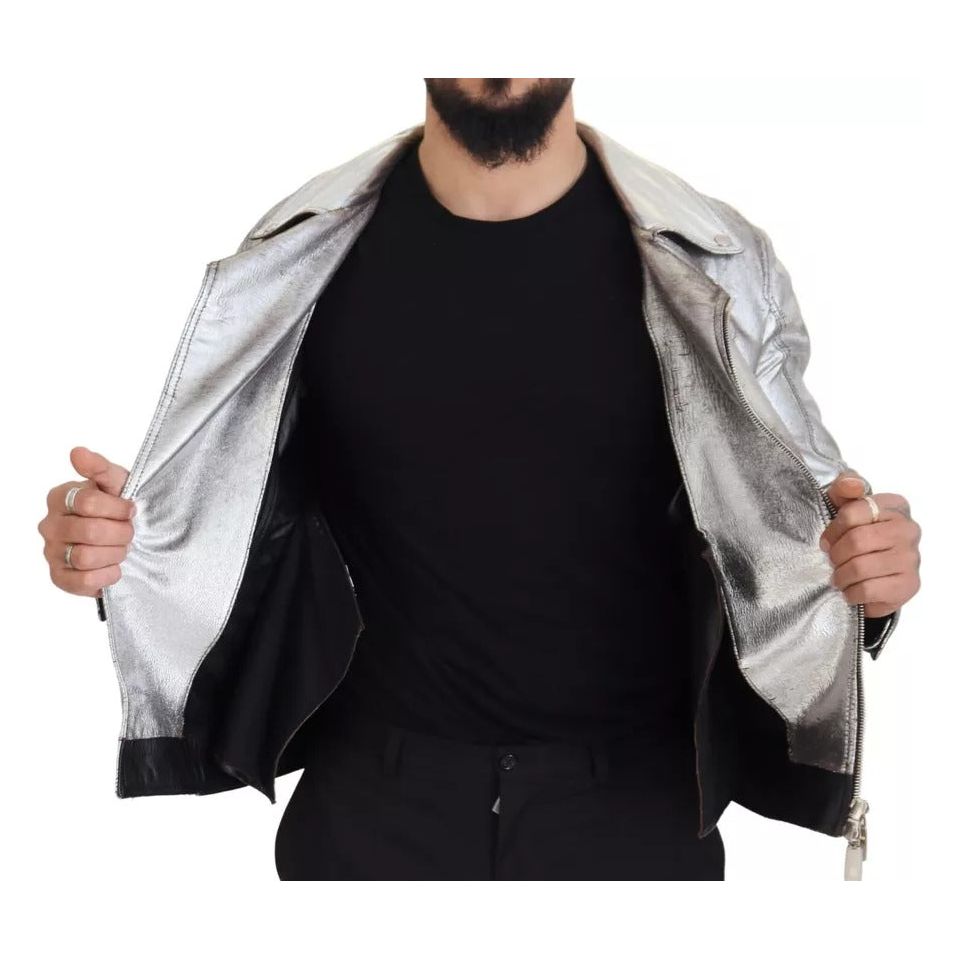 Silver Leather Biker Coat Lambskin Jacket