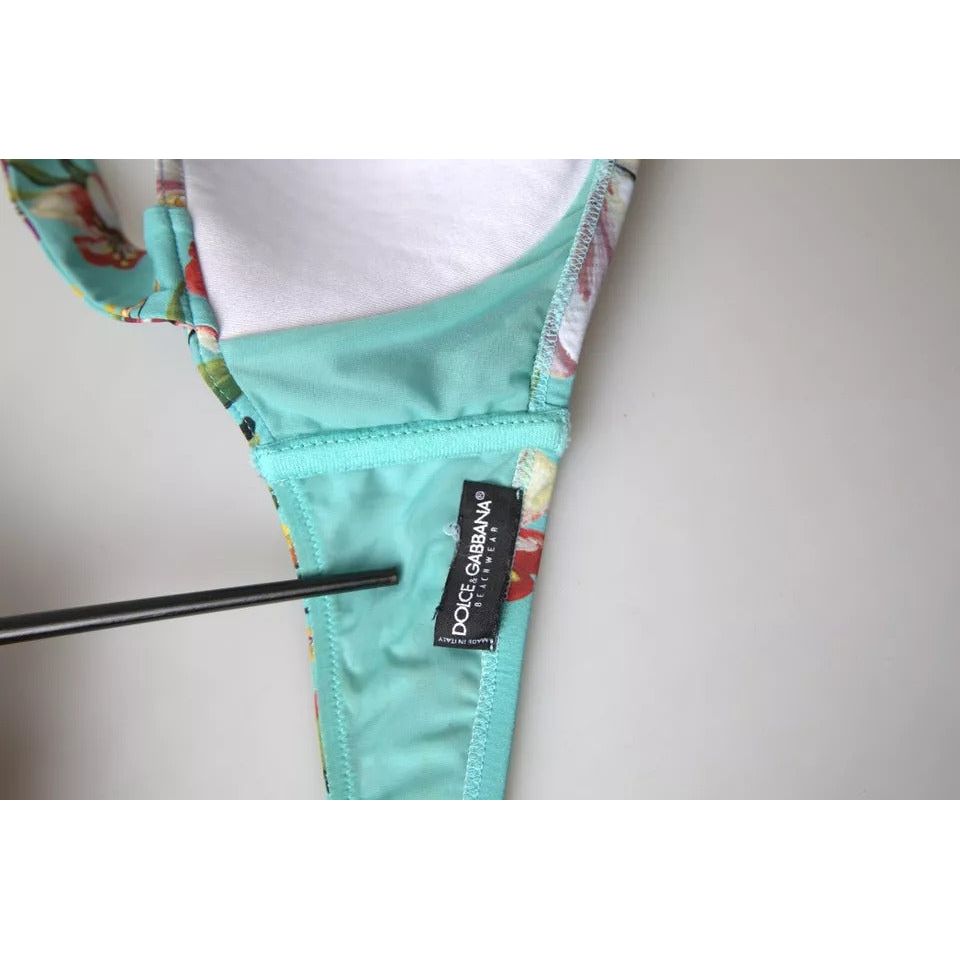 Dolce & Gabbana Mint Green Floral Print Beachwear Bikini Top mint-green-floral-print-beachwear-bikini-top