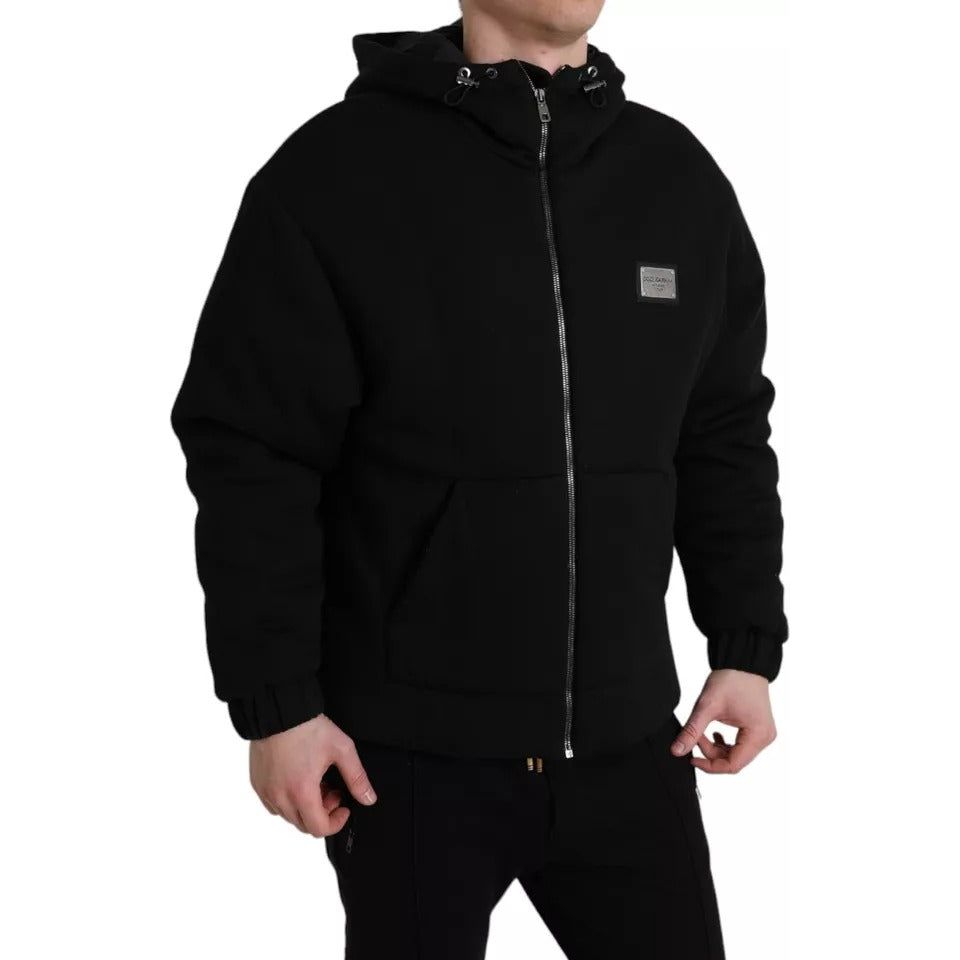 Black Cotton Hooded Logo Bomber Jacket