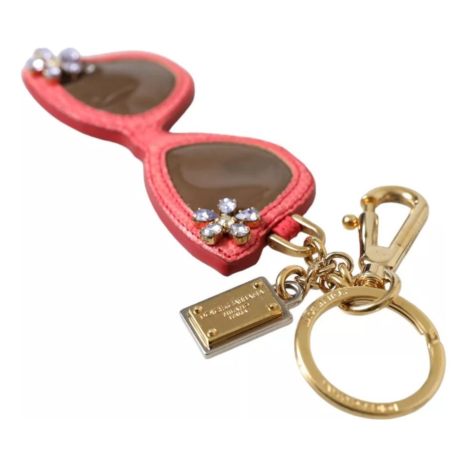 Red Leather Crystal Sunglasses Gold Metal Keyring Keychain