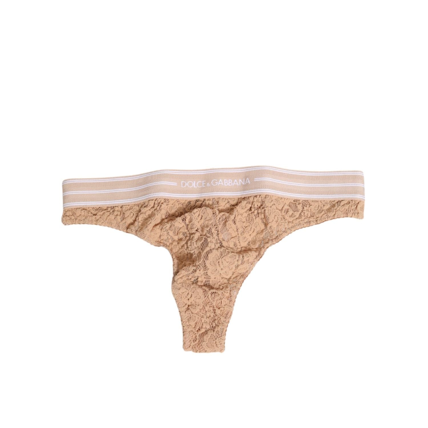 Dolce & Gabbana Beige Lace Logo Elastic Waist Thong Tanga Underwear