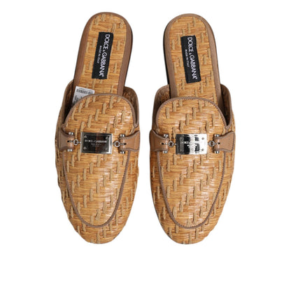 Dolce & Gabbana Beige Rattan Flat Mule Men Sandals Shoes Dolce & Gabbana
