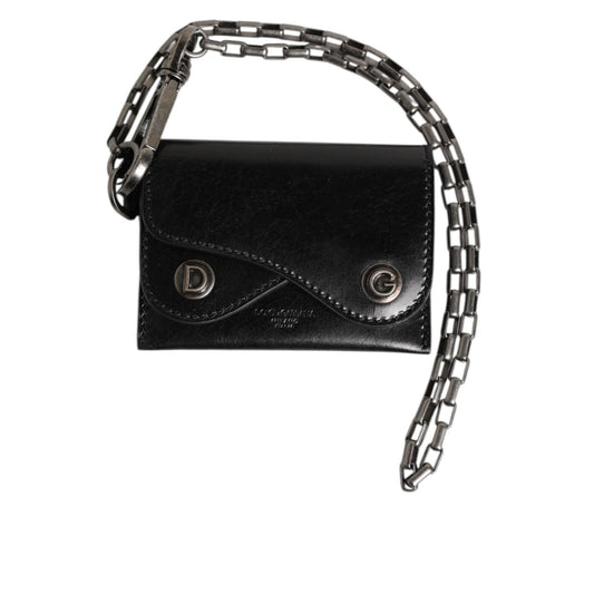 Dolce & Gabbana Black Cavallo Leather Wallet Chain Snap Bifold Card Holder