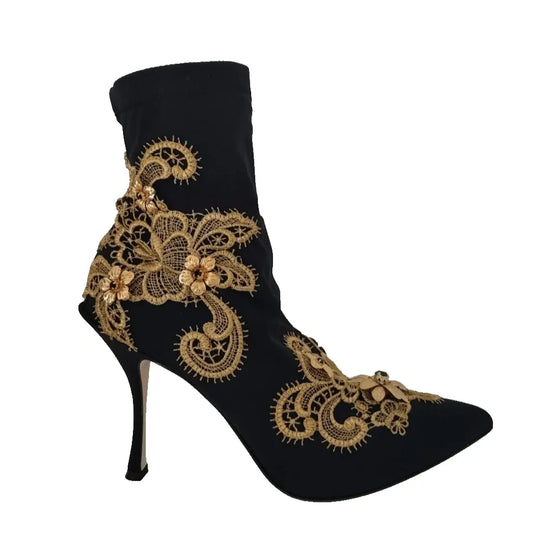 Dolce & Gabbana Black Gold Embroidery Crystal Boots Shoes Dolce & Gabbana