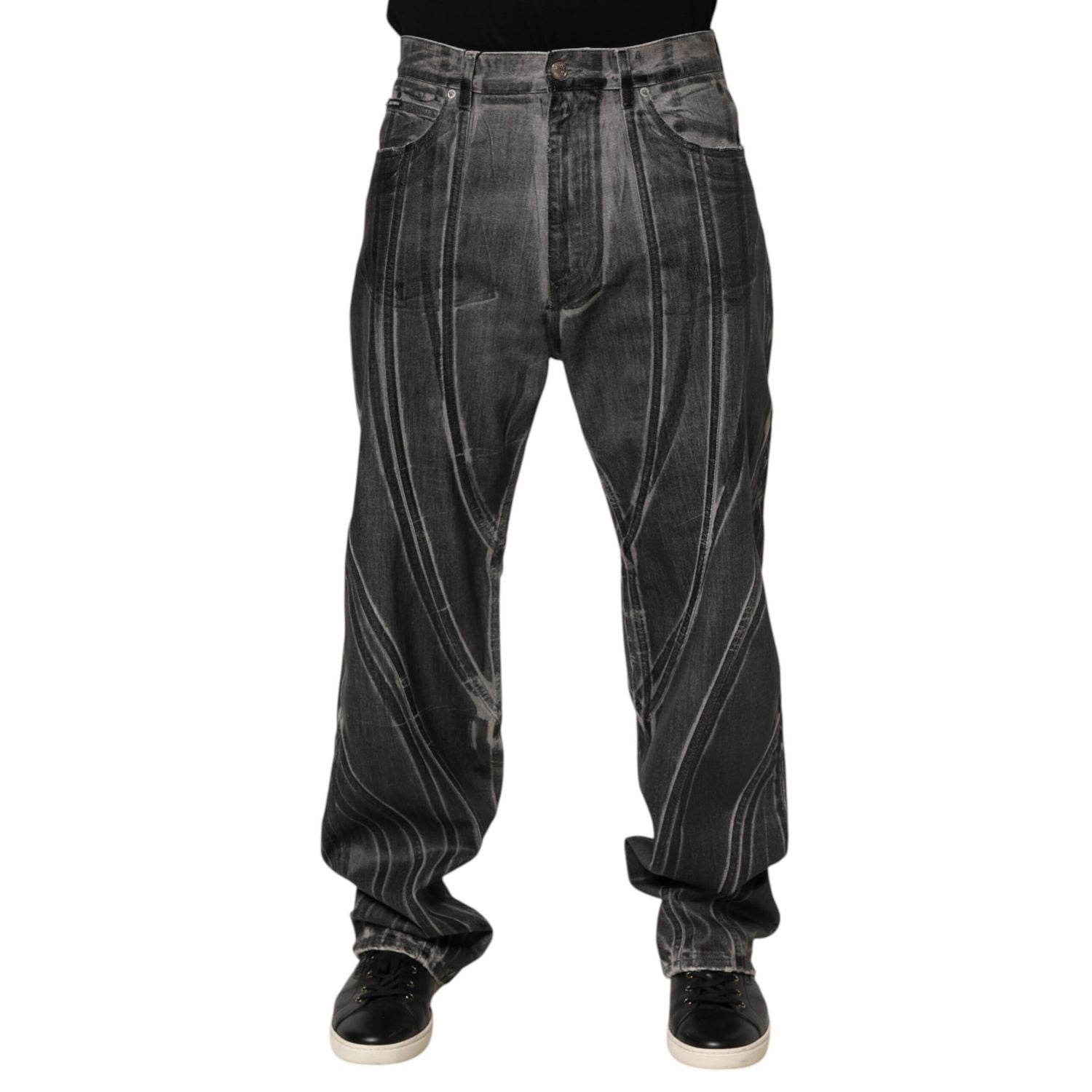Dolce & Gabbana Black Grey Graphic Print Denim Pants Jeans