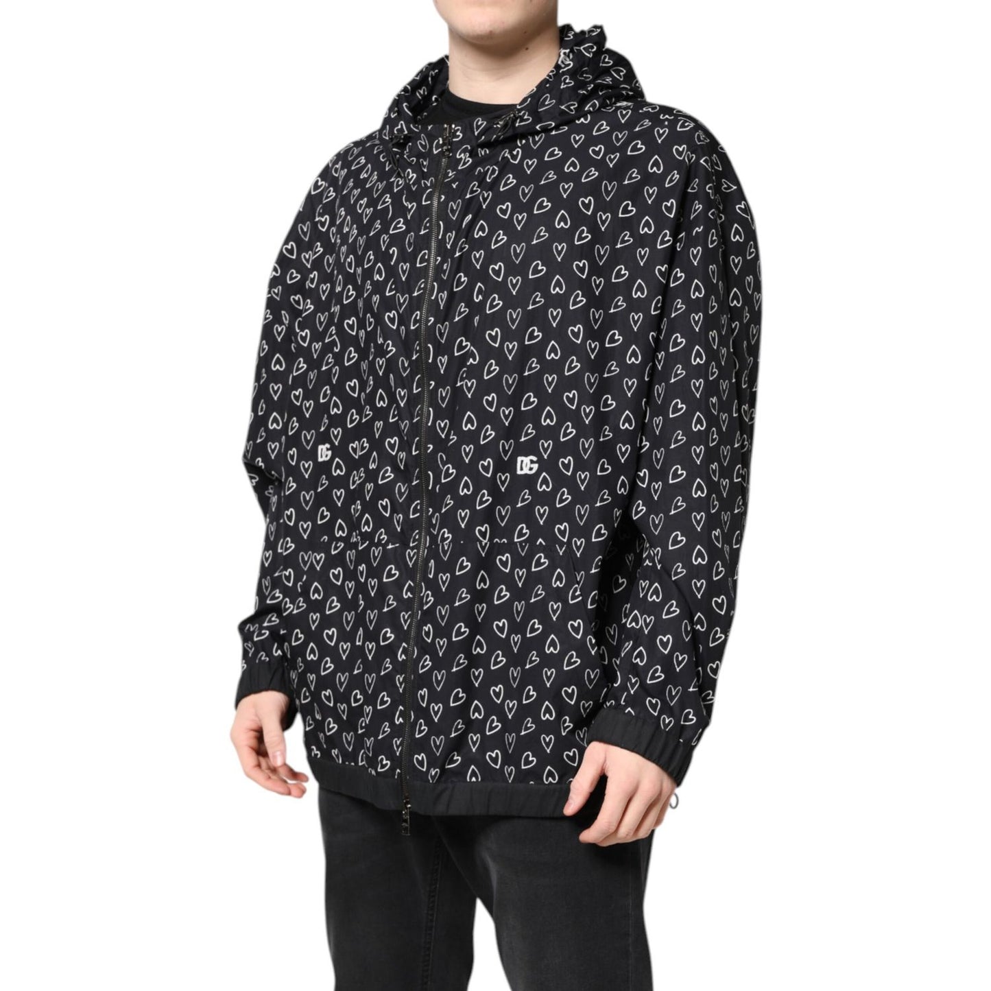 Dolce & Gabbana Black Heart Print Hooded Windbreaker Jacket Dolce & Gabbana