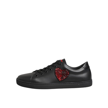 Dolce & Gabbana Black Leather Crystal Heart Low Top Sneakers Shoes