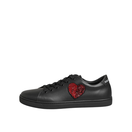 Dolce & Gabbana Black Leather Crystal Heart Sneakers Shoes Dolce & Gabbana