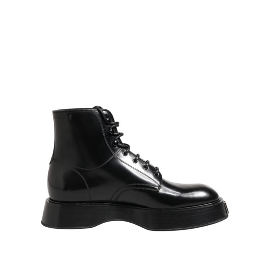 Dolce & Gabbana Black Leather Logo Ankle Boots Lace Up Shoes Dolce & Gabbana