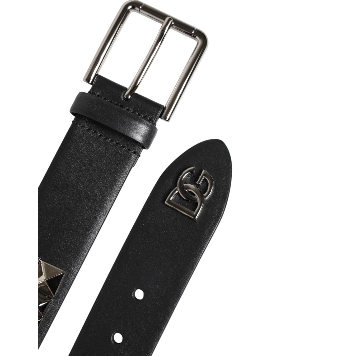 Dolce & Gabbana Black Leather Studded DG Metal Buckle Belt