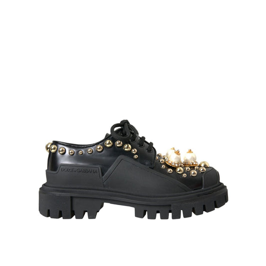 Dolce & Gabbana Black Leather Trekking Derby Embellished Shoes Dolce & Gabbana