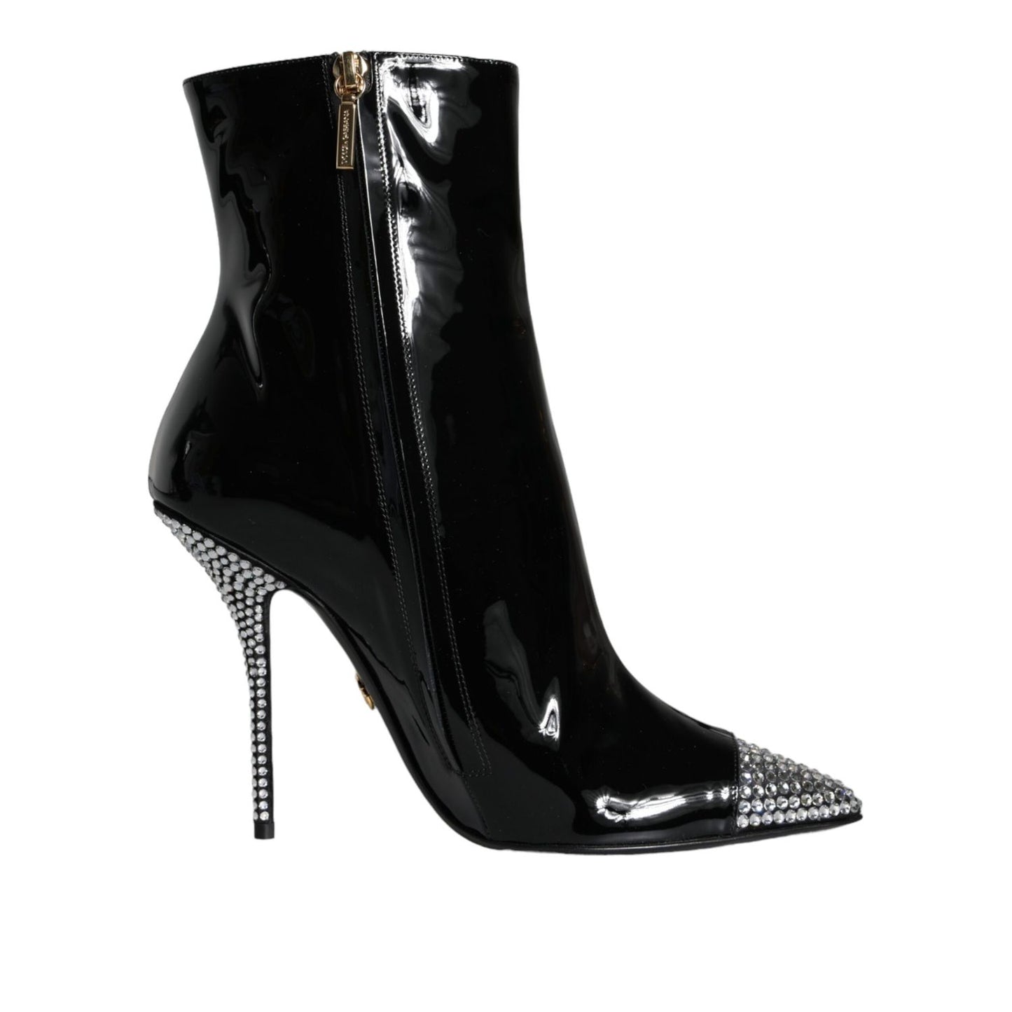 Dolce & Gabbana Black Patent Leather Crystal Heel Boots Shoes