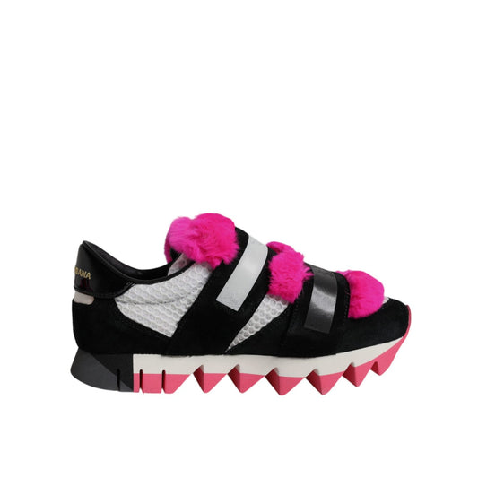 Dolce & Gabbana Black Pink Fur Embellished Sneakers Shoes Dolce & Gabbana