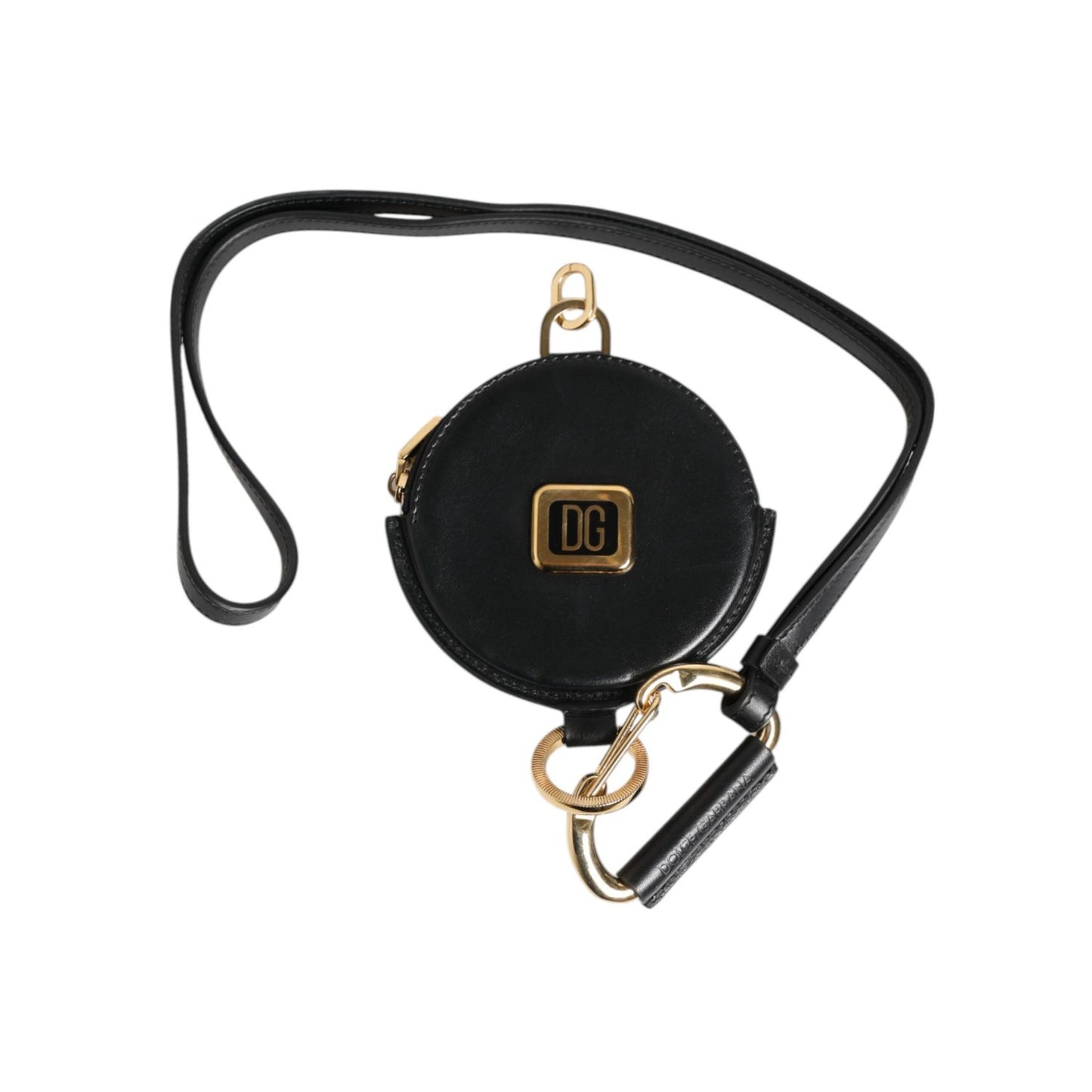 Dolce & Gabbana Black Round Leather DG Logo Coin Purse Lanyard Wallet