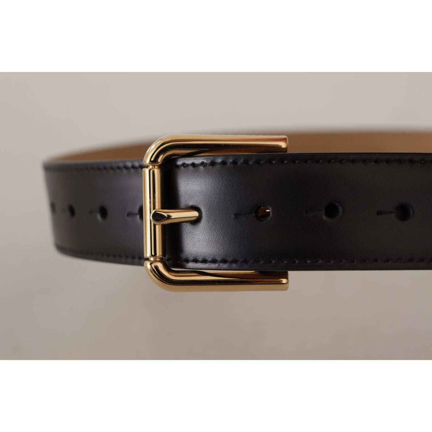 Dolce & Gabbana Black Solid Leather Classic Gold Waist Buckle Belt
