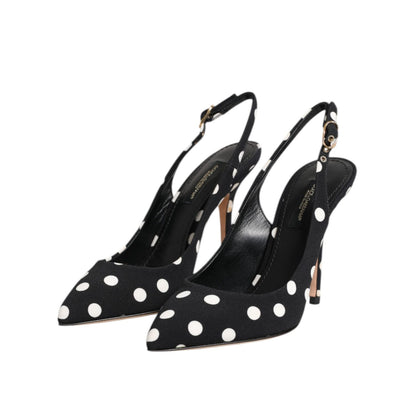 Dolce & Gabbana Black White Dotted Stiletto Slingback Shoes