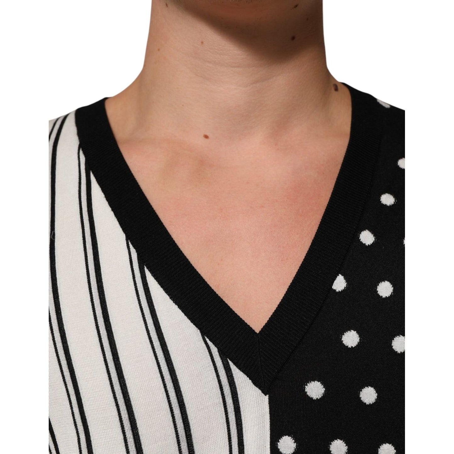 Dolce & Gabbana Black White Stripe Polka V-Neck Pullover Sweater