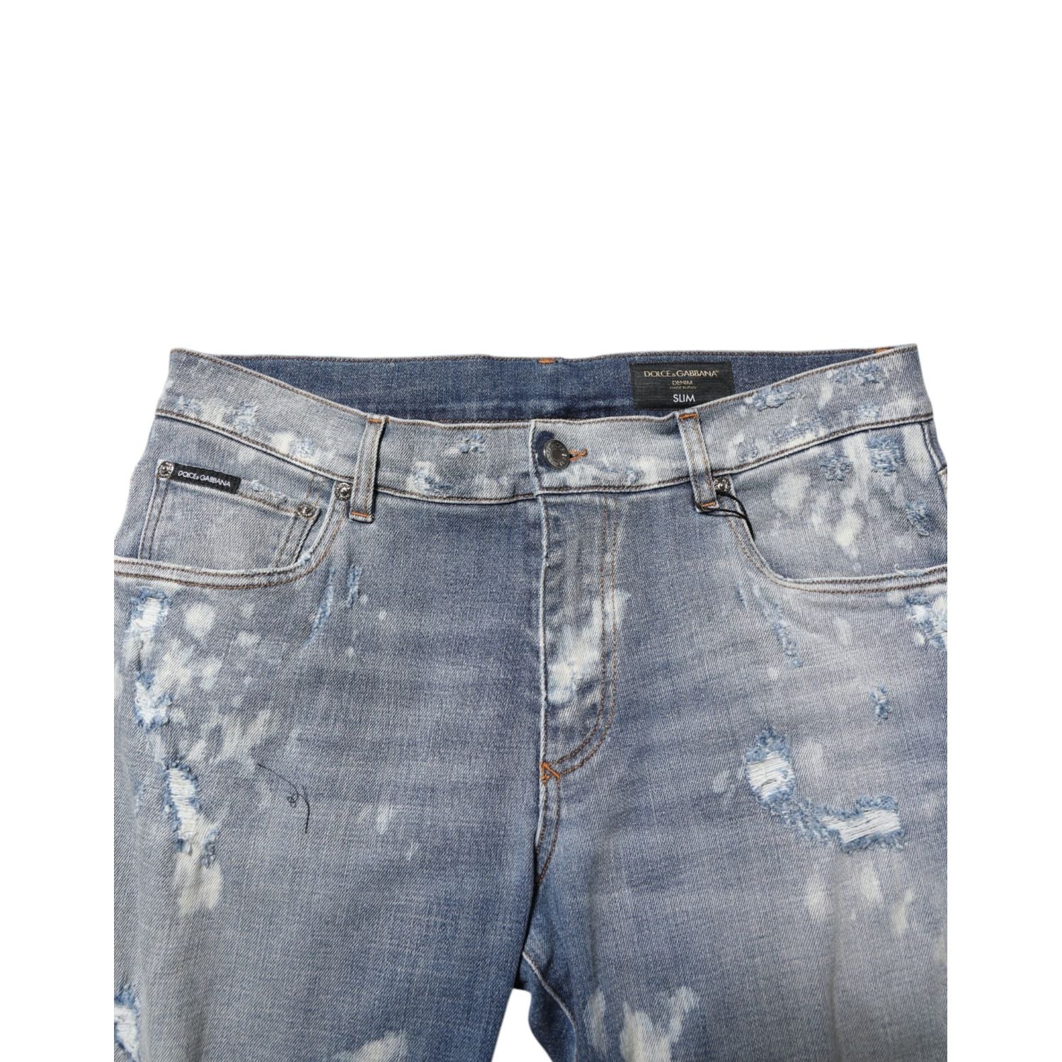 Dolce & Gabbana Blue Cotton Tattered Slim Fit Men Denim Jeans