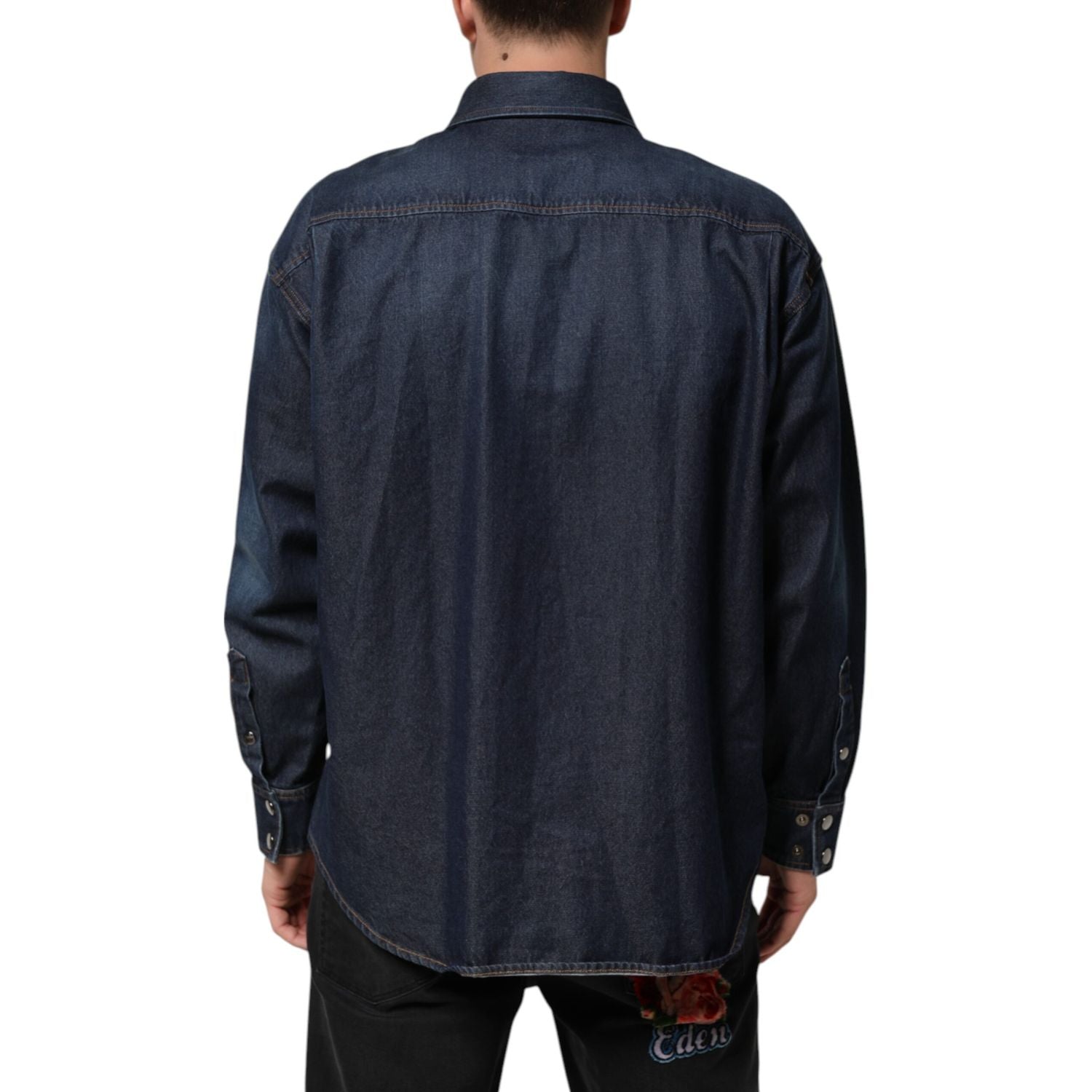 Dolce & Gabbana Blue Denim Button Casual Logo Patch Men Shirt
