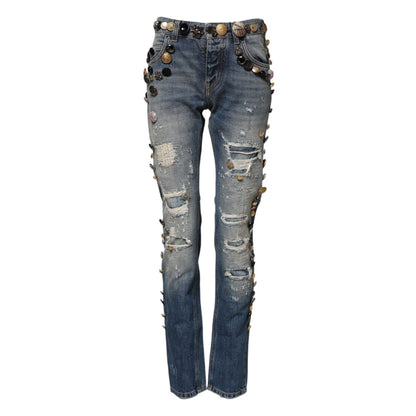 Dolce & Gabbana Blue Embellished Tattered SkinnyDenim Jeans Dolce & Gabbana