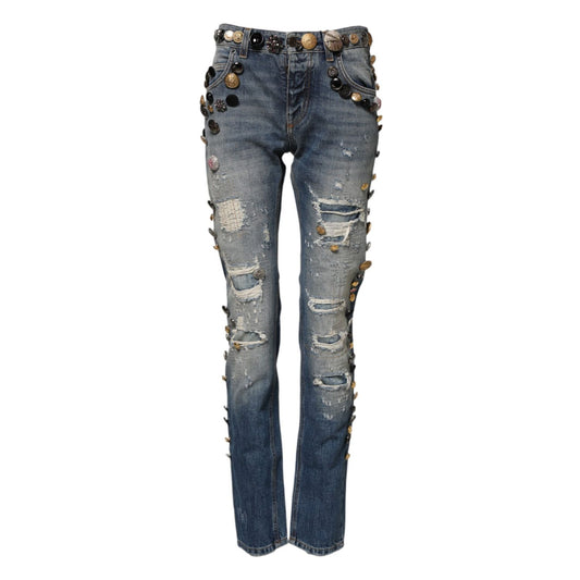 Dolce & Gabbana Blue Embellished Tattered SkinnyDenim Jeans Dolce & Gabbana