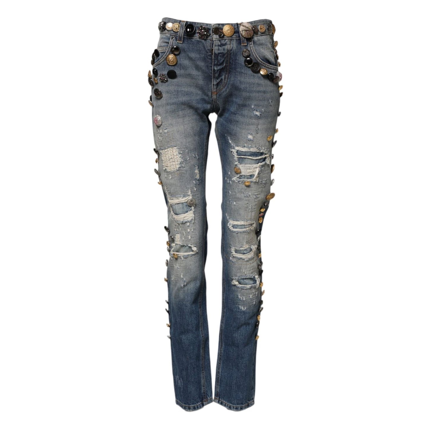 Dolce & Gabbana Blue Embellished Tattered SkinnyDenim Jeans Dolce & Gabbana