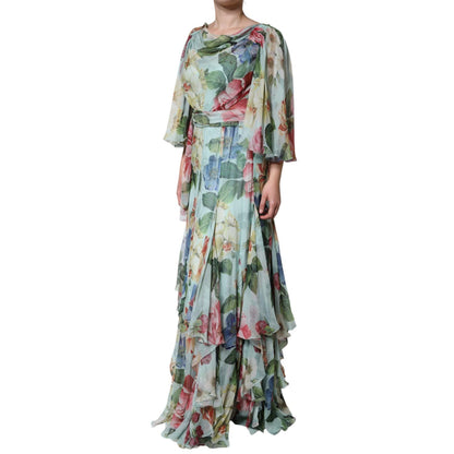 Dolce & Gabbana Blue Floral Print Tiered Long Maxi Dress