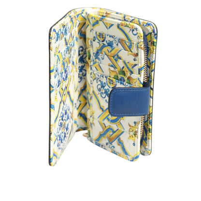 Dolce & Gabbana Blue Leather Continental Tile Print Zip Card Holder Purse Wallet Dolce & Gabbana