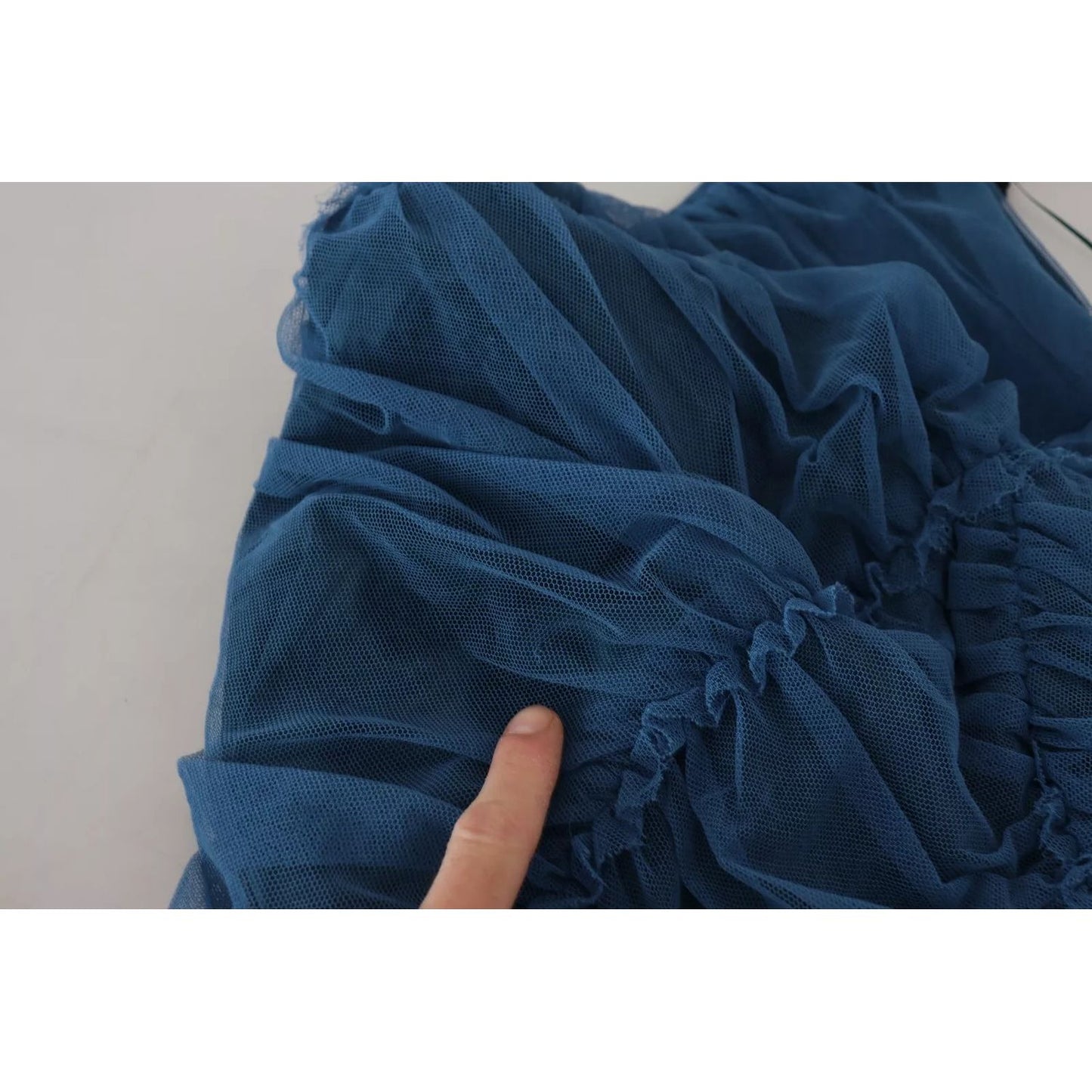 Dolce & Gabbana Blue Mesh Trim Ruched Tulle Sheath Dress