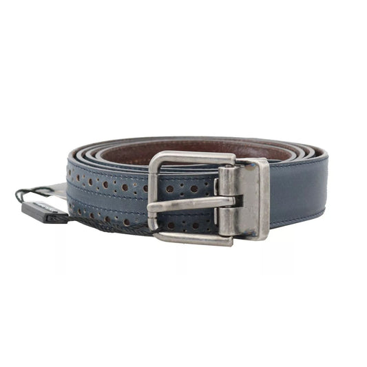 Dolce & Gabbana Blue Perforated Leather Gray Buckle Belt Dolce & Gabbana