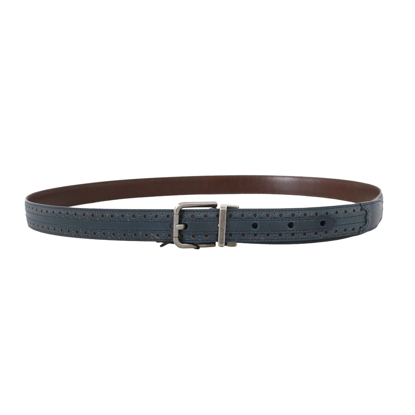 Dolce & Gabbana Blue Perforated Leather Gray Buckle Belt