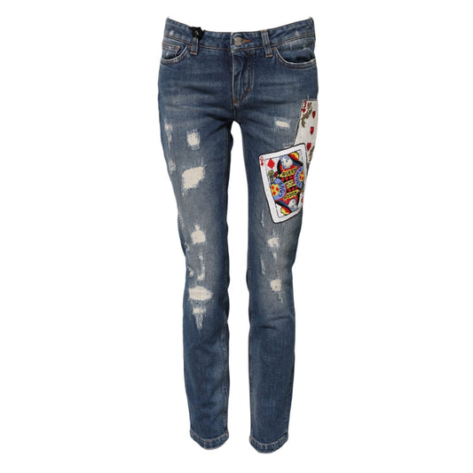 Dolce & Gabbana Blue Play Card Embroidery Skinny Denim Jeans Dolce & Gabbana