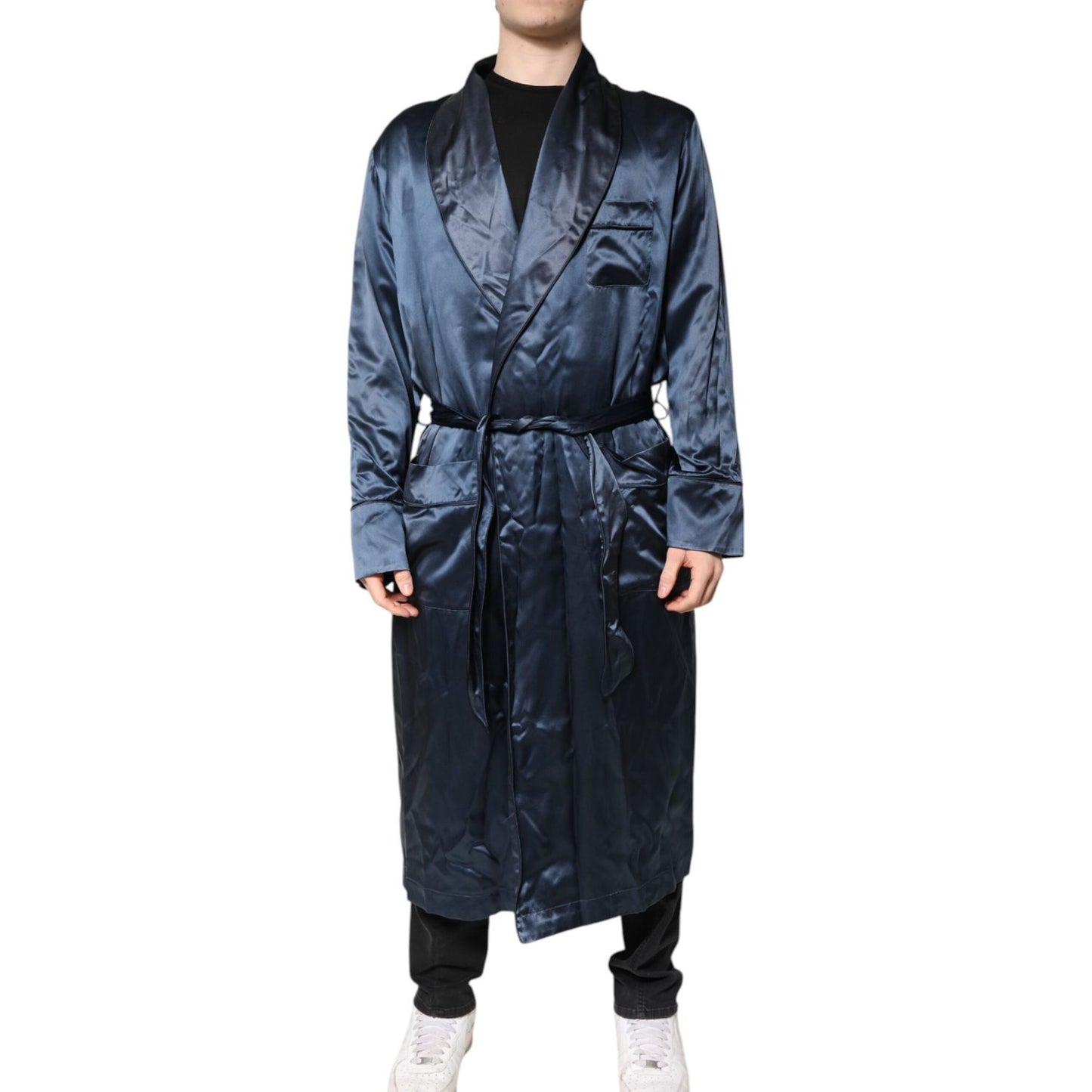 Dolce & Gabbana Blue Solid Silk Men Wrap Robe Coat Jacket Dolce & Gabbana