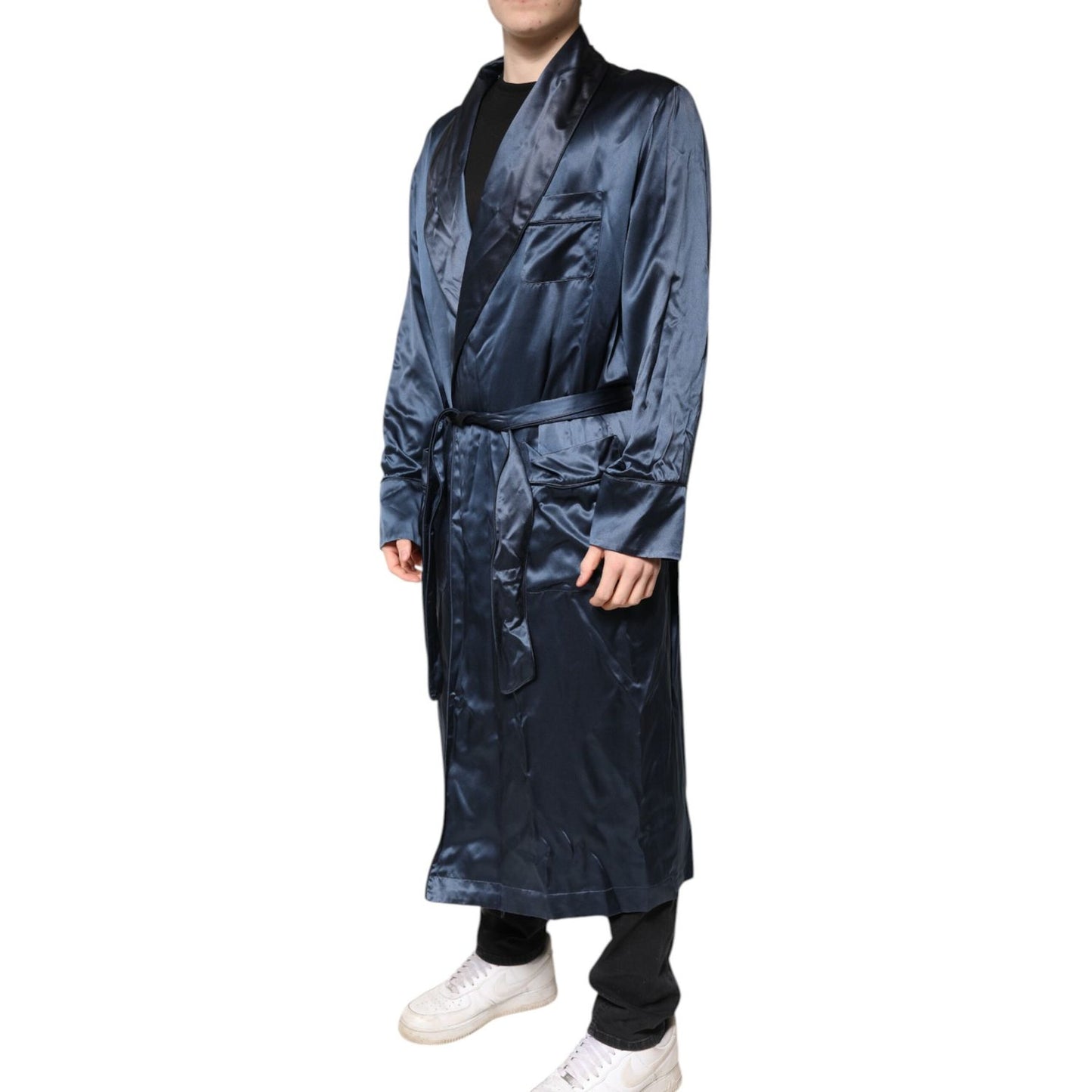 Dolce & Gabbana Blue Solid Silk Men Wrap Robe Coat Jacket Dolce & Gabbana