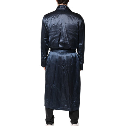 Dolce & Gabbana Blue Solid Silk Men Wrap Robe Coat Jacket Dolce & Gabbana