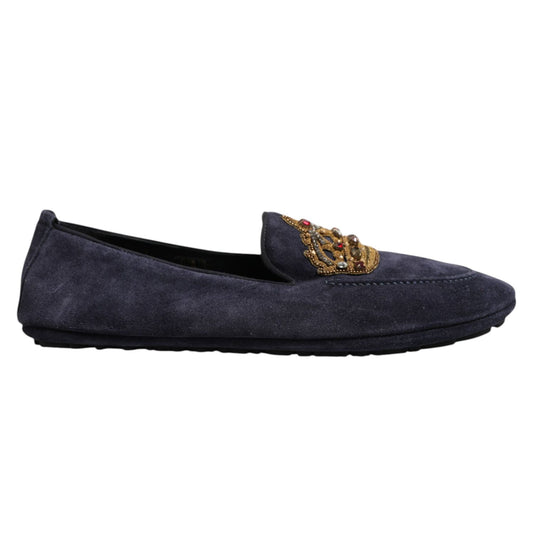 Dolce & Gabbana Blue Suede Crown Crystal Loafers Dress Shoes Dolce & Gabbana