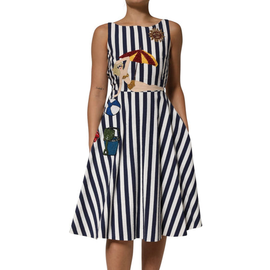 Dolce & Gabbana Blue White Striped Embroidered A-line Dress Dolce & Gabbana