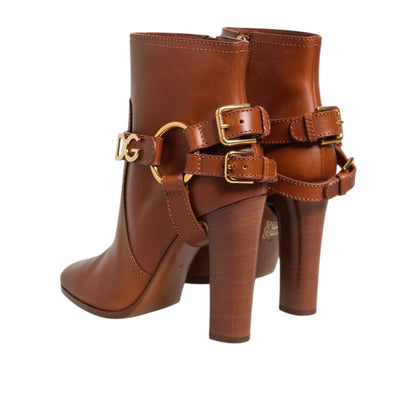 Dolce & Gabbana Brown Leather DG Logo Buckle Ankle Boots Shoes
