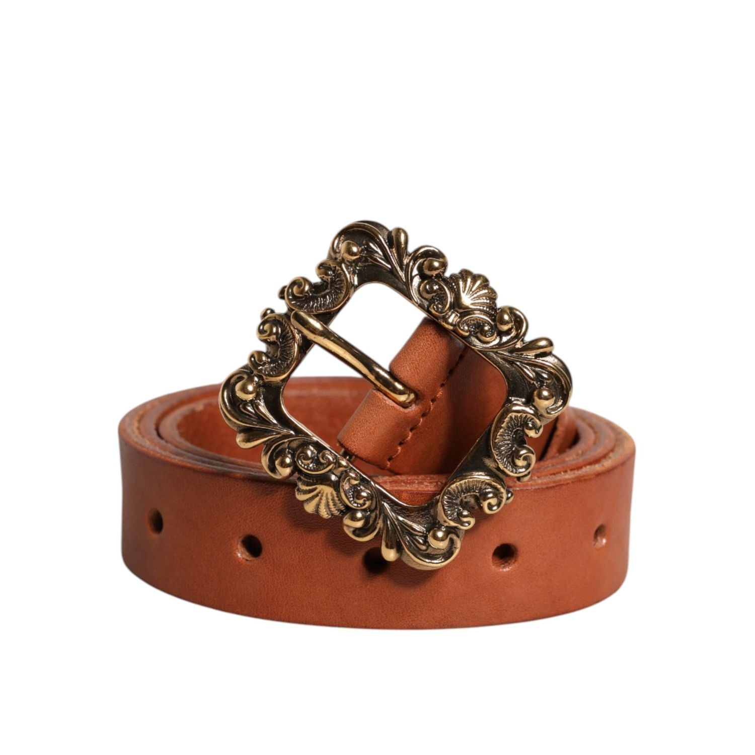 Dolce & Gabbana Brown Leather Gold Metal Baroque Buckle Belt