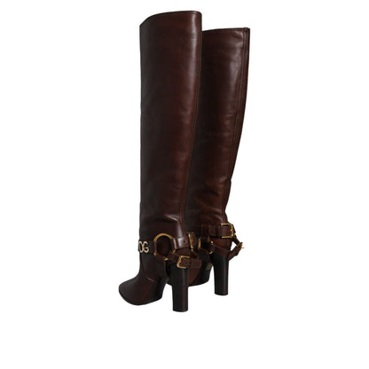 Dolce & Gabbana Brown Leather Gold Tone Logo High Boots Shoes