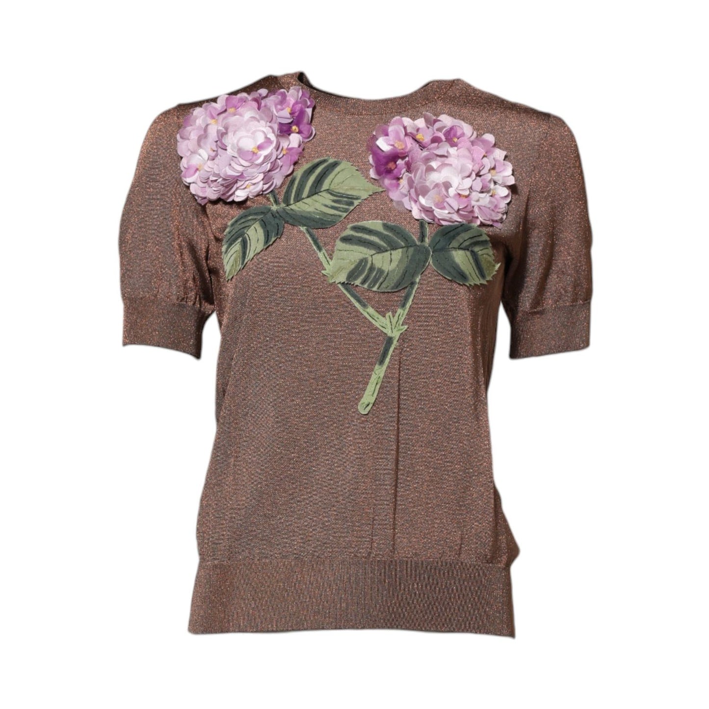 Dolce & Gabbana Brown Lily Embellished Round Neck Blouse Top Dolce & Gabbana