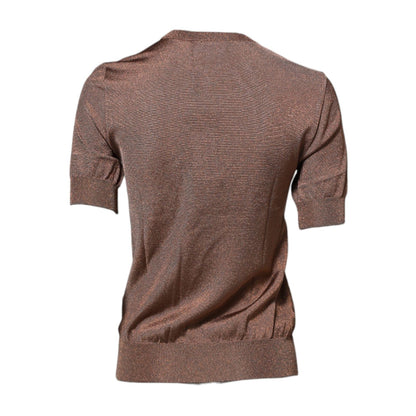 Dolce & Gabbana Brown Lily Embellished Round Neck Blouse Top Dolce & Gabbana