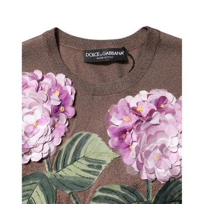 Dolce & Gabbana Brown Lily Embellished Round Neck Blouse Top Dolce & Gabbana